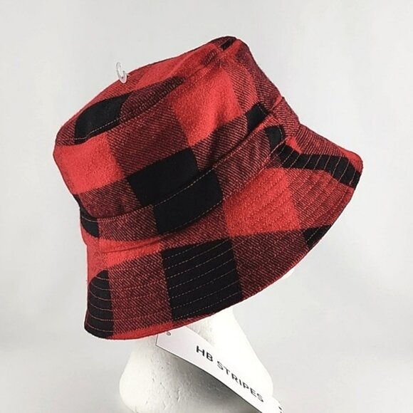 HB STRIPES Women's Bucket Hat Racing Red Black Plaid Wool Blend Fleece Lined O/S - Picture 5 of 12